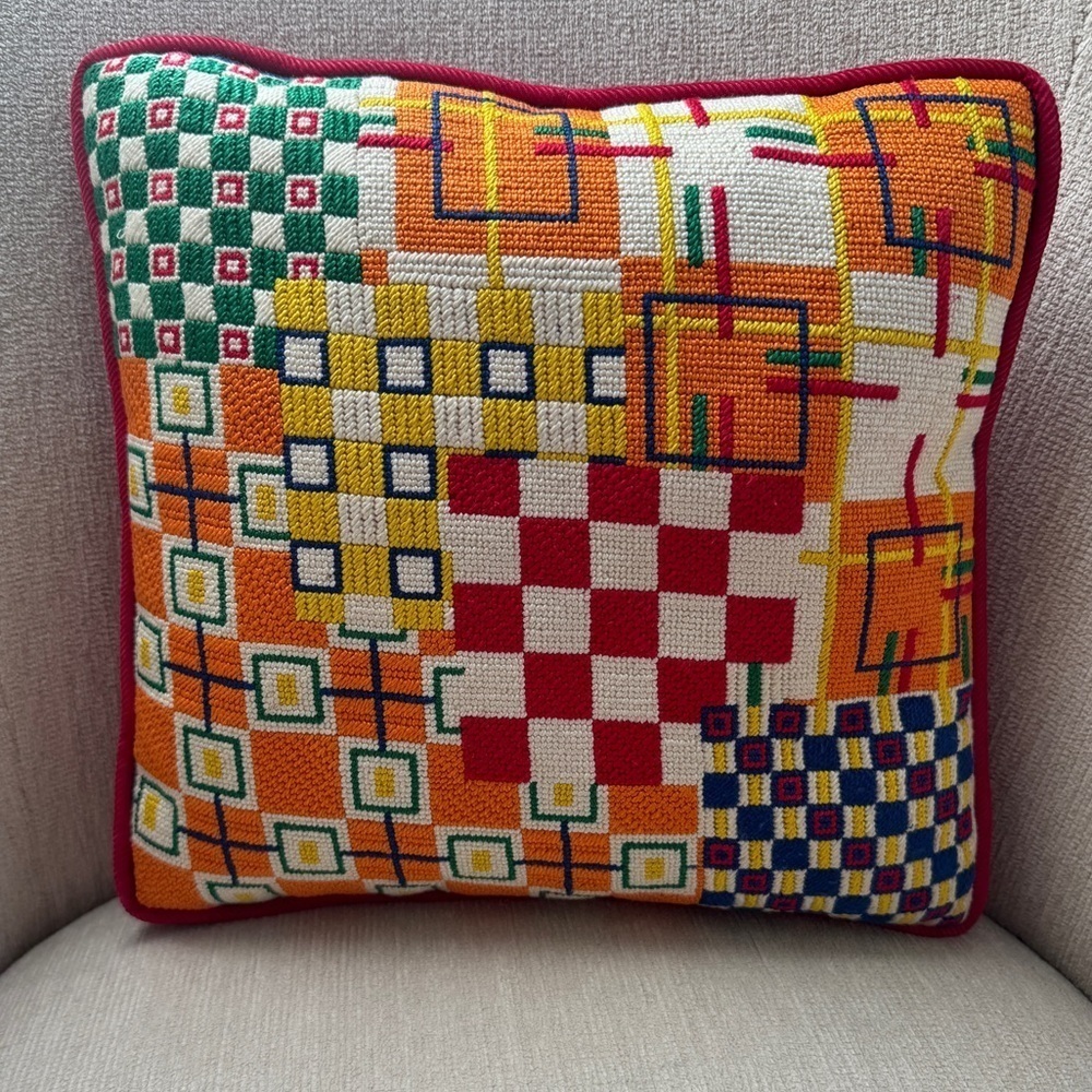 Needlepoint pillow colorful avantgarde abstract shapes checkered handmade square
